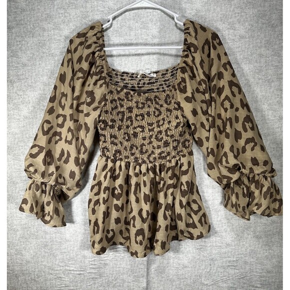 Caramela Smocked Leopard Long Sleeve Top Off Shoulder Women’s Medium Puff Sleeve - Picture 1 of 6